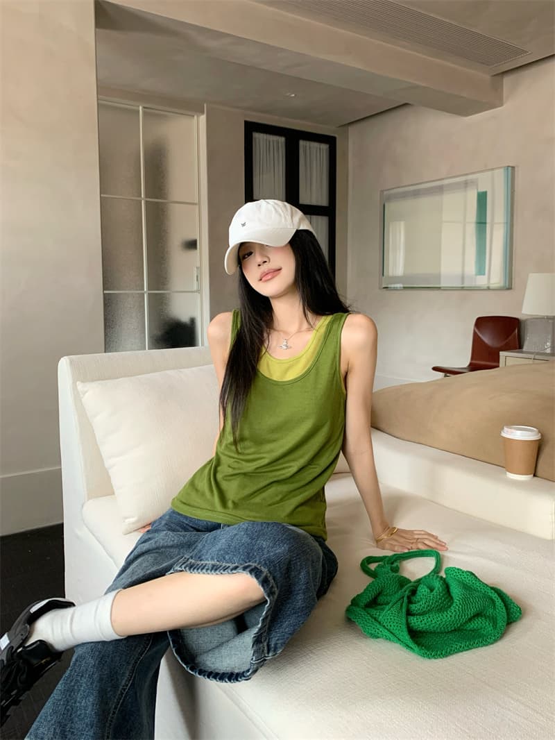 실사 정가 한 세대 작은 대중 여름 부드러운 찹쌀 얇고 가벼운 버터 과일 부서 같은 색깔 스택 착용 두 조각 조끼 맨위