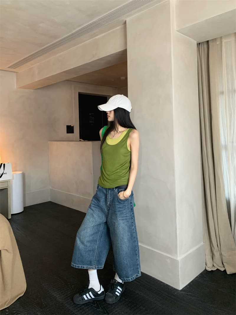 실사 정가 한 세대 작은 대중 여름 부드러운 찹쌀 얇고 가벼운 버터 과일 부서 같은 색깔 스택 착용 두 조각 조끼 맨위 이미지 2
