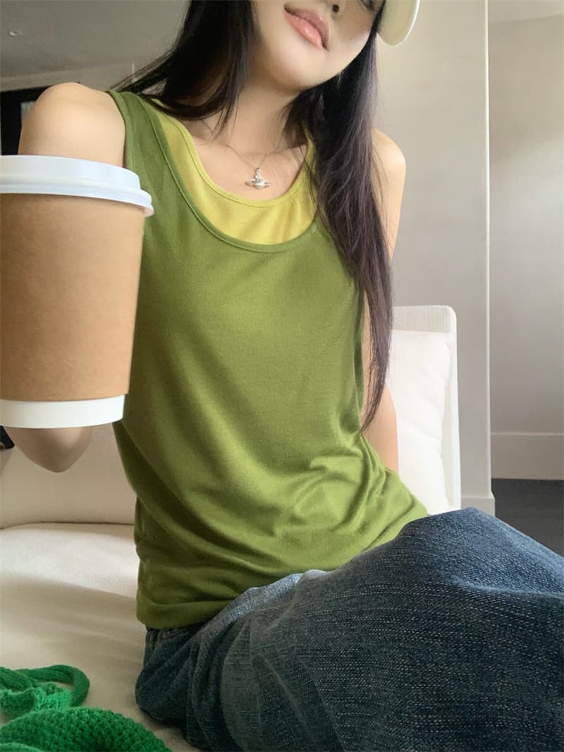 실사 정가 한 세대 작은 대중 여름 부드러운 찹쌀 얇고 가벼운 버터 과일 부서 같은 색깔 스택 착용 두 조각 조끼 맨위 상세 이미지 14