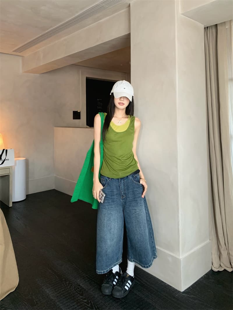실사 정가 한 세대 작은 대중 여름 부드러운 찹쌀 얇고 가벼운 버터 과일 부서 같은 색깔 스택 착용 두 조각 조끼 맨위 상세 이미지 15