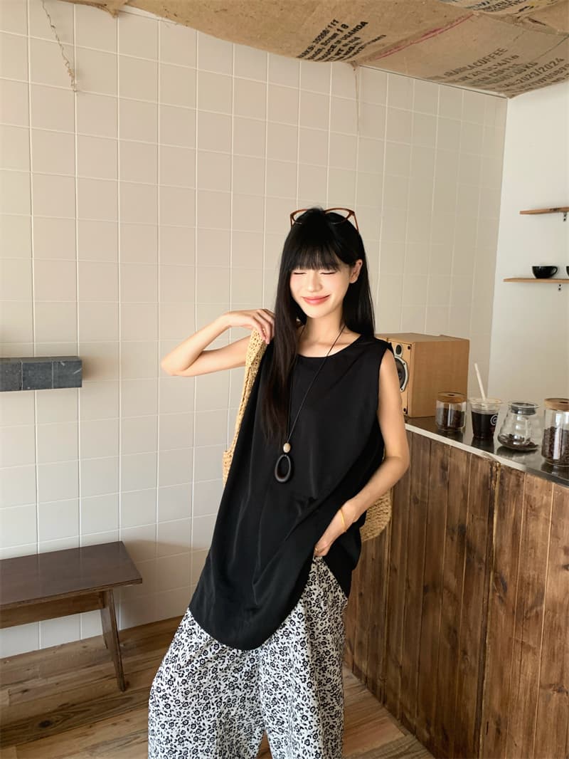 있음 선적 실사 느긋한 바람 루즈핏 편안함 굴곡 세트 실크 미끄러짐 민소매 검정색 맨위 꽃무늬 와이드 레그 팬츠 이미지 4