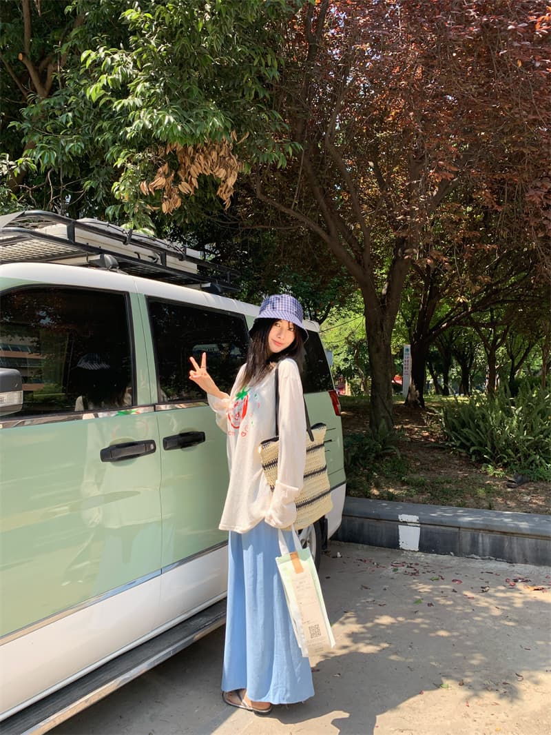 있음 선적 실사 느긋한 바람 편안함 루즈핏 다우 구덩이 프린트 긴팔 자외선 차단 티셔츠 이미지 2