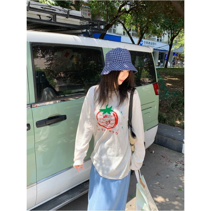 있음 선적 실사 느긋한 바람 편안함 루즈핏 다우 구덩이 프린트 긴팔 자외선 차단 티셔츠 이미지 5