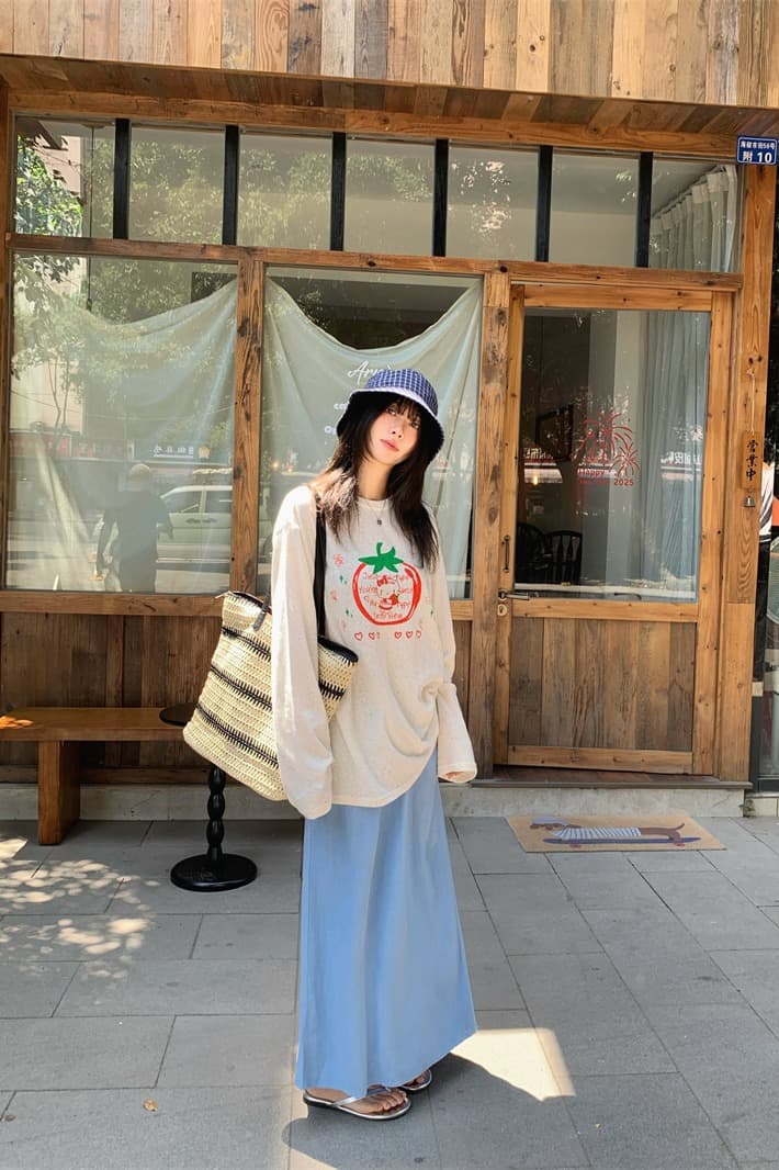 있음 선적 실사 느긋한 바람 편안함 루즈핏 다우 구덩이 프린트 긴팔 자외선 차단 티셔츠 이미지 6