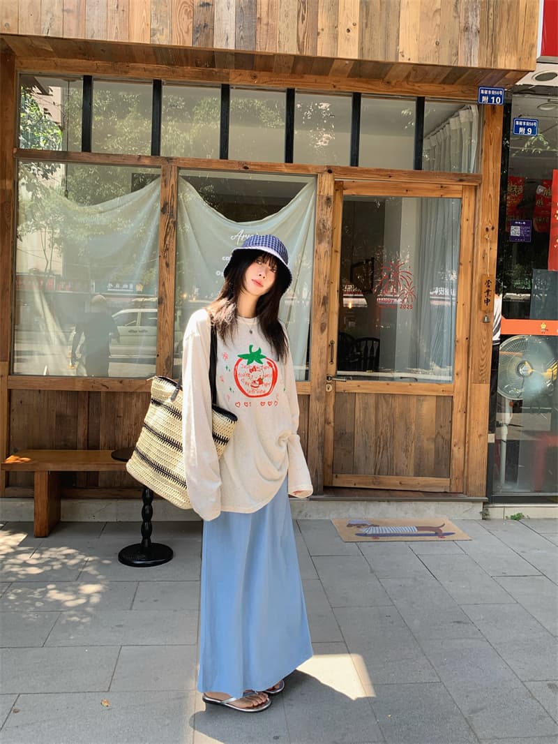 있음 선적 실사 느긋한 바람 편안함 루즈핏 다우 구덩이 프린트 긴팔 자외선 차단 티셔츠 상세 이미지 14