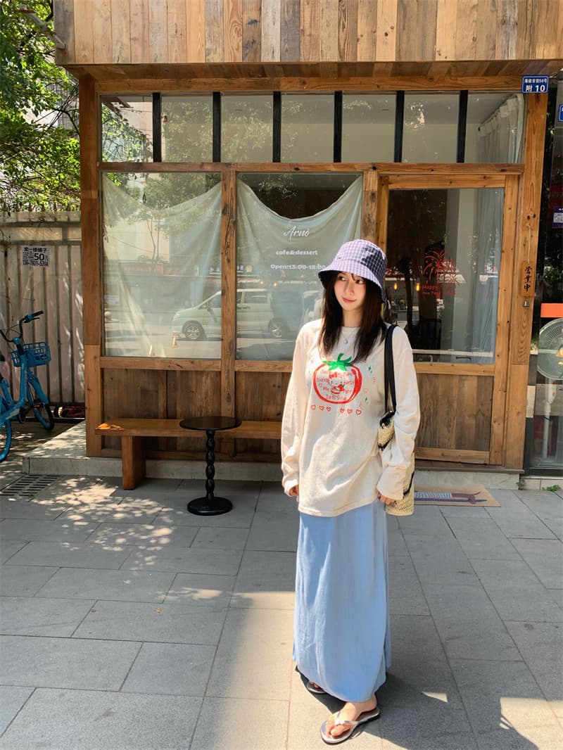있음 선적 실사 느긋한 바람 편안함 루즈핏 다우 구덩이 프린트 긴팔 자외선 차단 티셔츠 상세 이미지 16