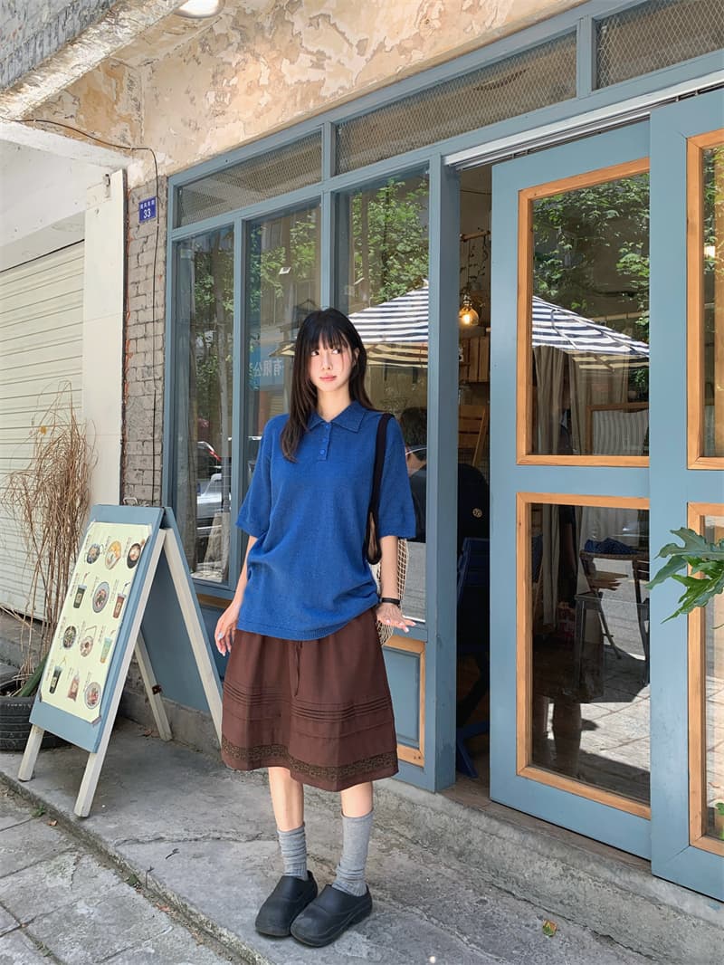 있음 선적 실사 느긋한 바람 POLO 칼라 톰 글 래 원인 블루 니트 맨위 커피 반신 스커트 중간 스커트 상세 이미지 8