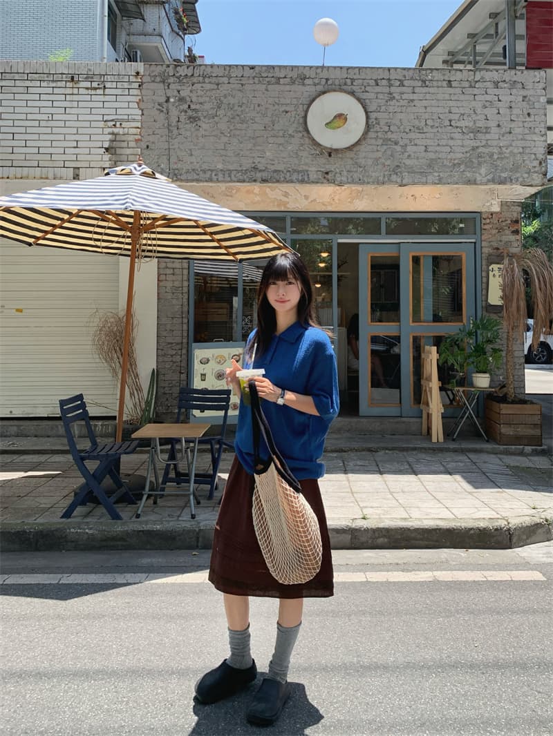 있음 선적 실사 느긋한 바람 POLO 칼라 톰 글 래 원인 블루 니트 맨위 커피 반신 스커트 중간 스커트 상세 이미지 16