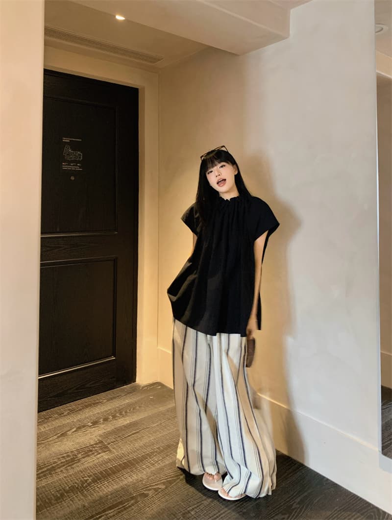 있음 선적 실사 느긋한 바람 편안함 면 린넨 지배 디자인 센스 검정색 셔츠 마 재료 세로 줄무늬 와이드 레그 팬츠 상세 이미지 4