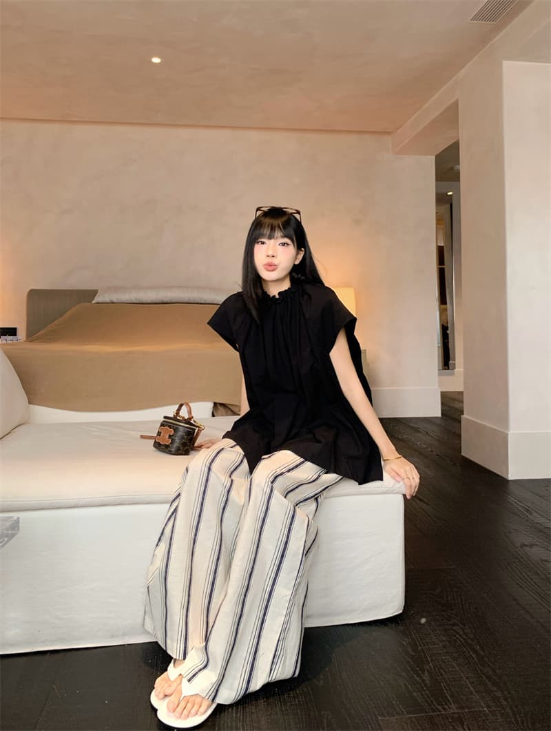 있음 선적 실사 느긋한 바람 편안함 면 린넨 지배 디자인 센스 검정색 셔츠 마 재료 세로 줄무늬 와이드 레그 팬츠 상세 이미지 9