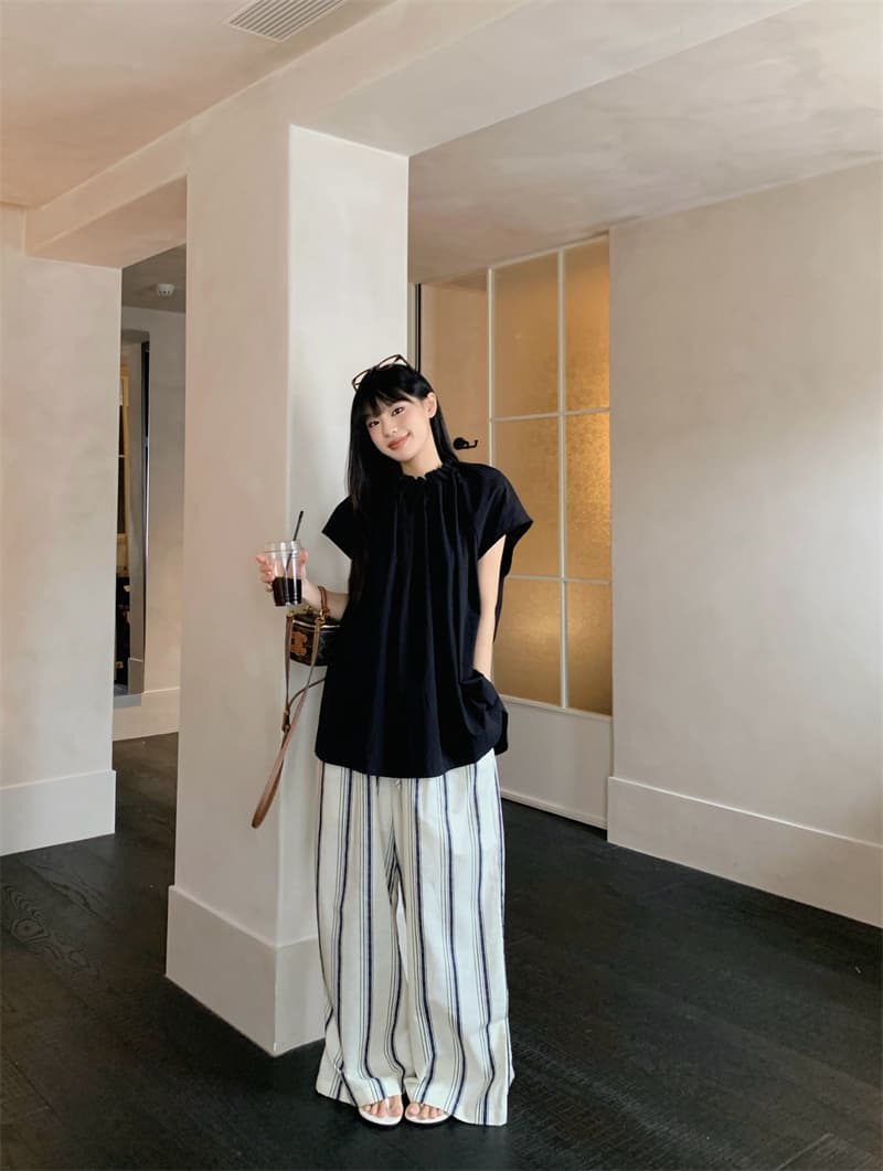 있음 선적 실사 느긋한 바람 편안함 면 린넨 지배 디자인 센스 검정색 셔츠 마 재료 세로 줄무늬 와이드 레그 팬츠 상세 이미지 11