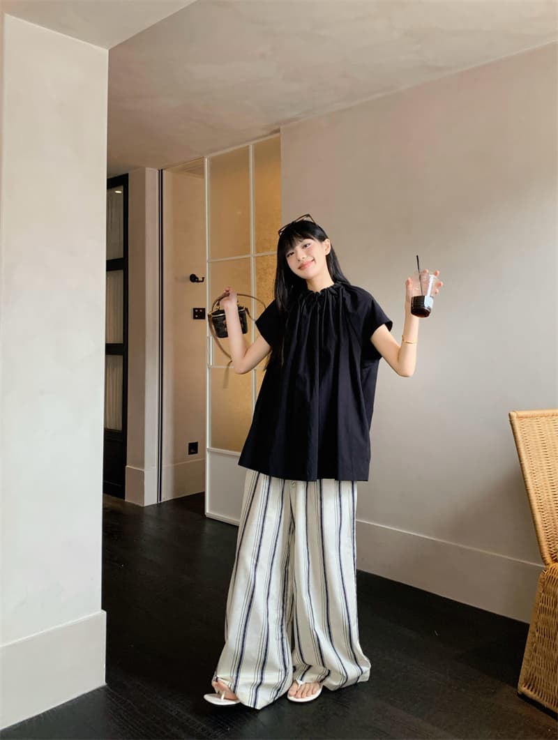 있음 선적 실사 느긋한 바람 편안함 면 린넨 지배 디자인 센스 검정색 셔츠 마 재료 세로 줄무늬 와이드 레그 팬츠 상세 이미지 14