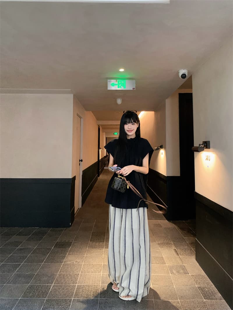 있음 선적 실사 느긋한 바람 편안함 면 린넨 지배 디자인 센스 검정색 셔츠 마 재료 세로 줄무늬 와이드 레그 팬츠 상세 이미지 16