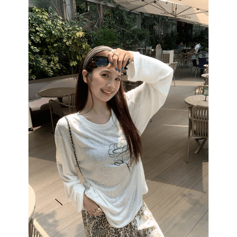 있음 선적 실사 이른 가을 새로운 전후 패치워크 익스트림 제인 꽃 긴팔 화이트 자외선 차단 티셔츠 레오파드 무늬 와이드 레그 팬츠 이미지 5