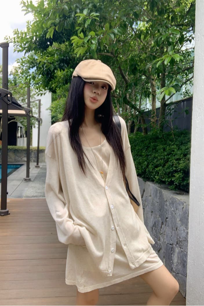 있음 선적 실사 이른 가을 얇은 스타일 아마 오트밀 색상 얇은 스타일 니트 오픈 가디건 조끼 니트 반신 스커트 이미지 6
