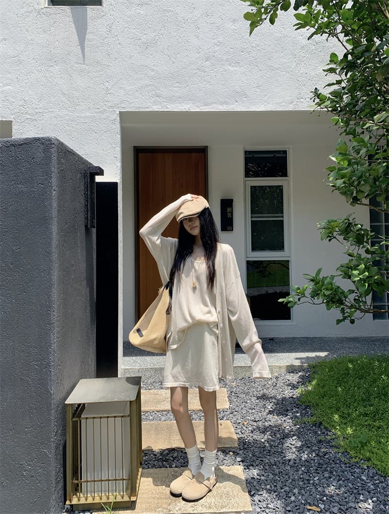 있음 선적 실사 이른 가을 얇은 스타일 아마 오트밀 색상 얇은 스타일 니트 오픈 가디건 조끼 니트 반신 스커트 상세 이미지 4