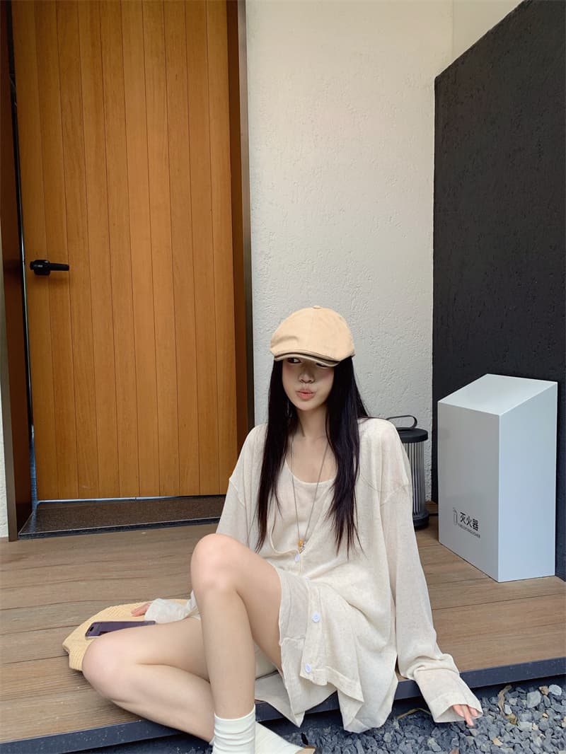 있음 선적 실사 이른 가을 얇은 스타일 아마 오트밀 색상 얇은 스타일 니트 오픈 가디건 조끼 니트 반신 스커트 상세 이미지 7