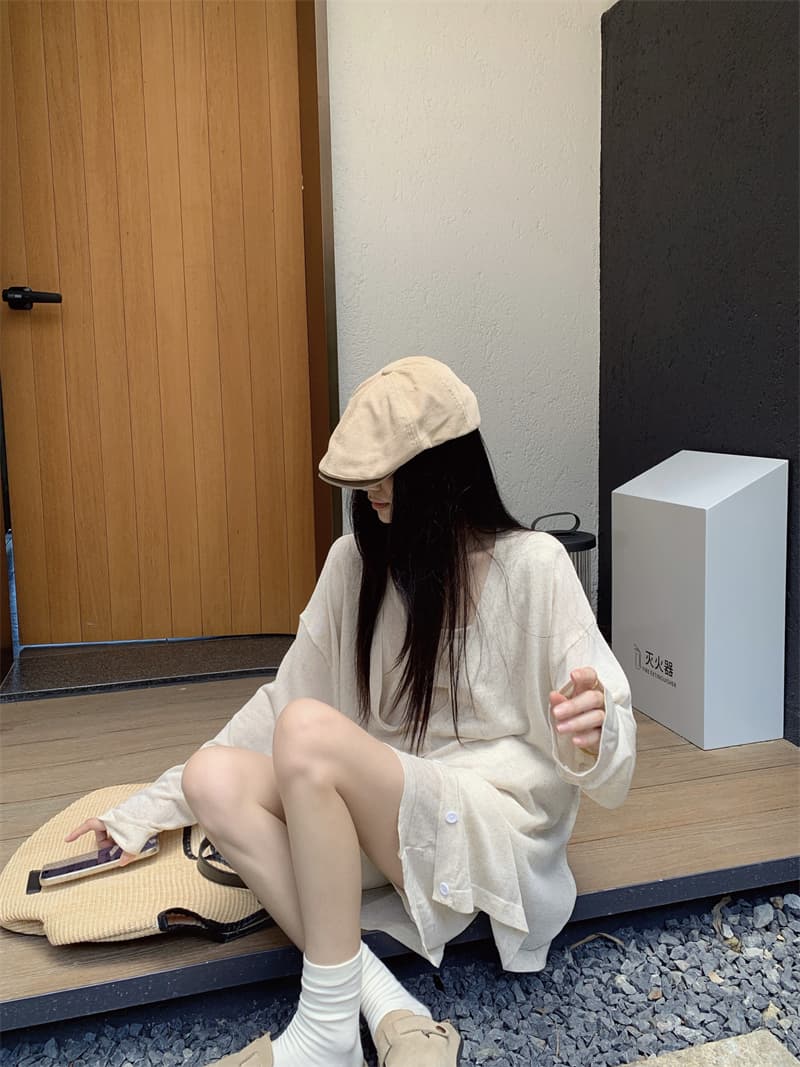 있음 선적 실사 이른 가을 얇은 스타일 아마 오트밀 색상 얇은 스타일 니트 오픈 가디건 조끼 니트 반신 스커트 상세 이미지 11
