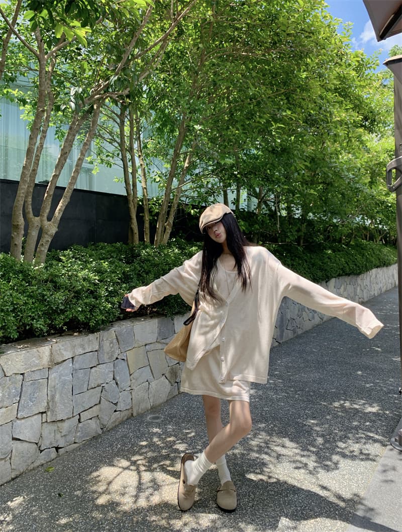 있음 선적 실사 이른 가을 얇은 스타일 아마 오트밀 색상 얇은 스타일 니트 오픈 가디건 조끼 니트 반신 스커트 상세 이미지 12
