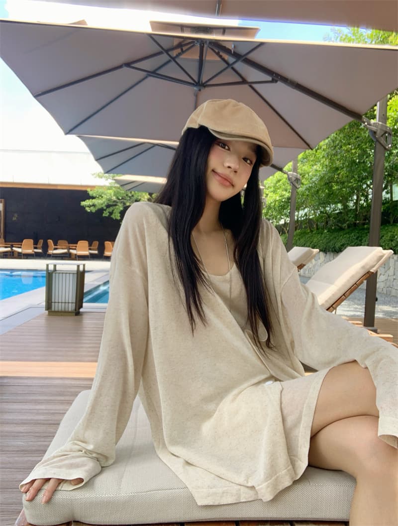 있음 선적 실사 이른 가을 얇은 스타일 아마 오트밀 색상 얇은 스타일 니트 오픈 가디건 조끼 니트 반신 스커트 상세 이미지 15
