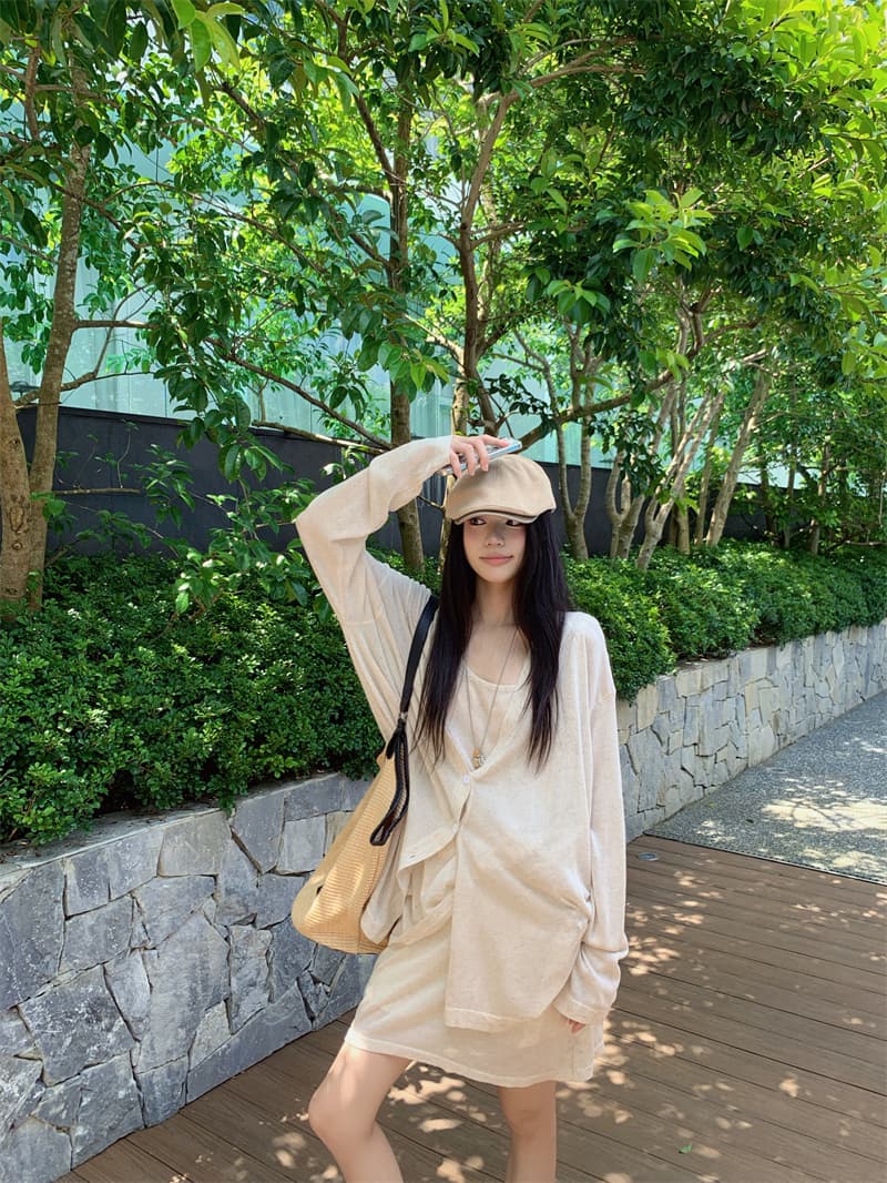 있음 선적 실사 이른 가을 얇은 스타일 아마 오트밀 색상 얇은 스타일 니트 오픈 가디건 조끼 니트 반신 스커트 상세 이미지 17
