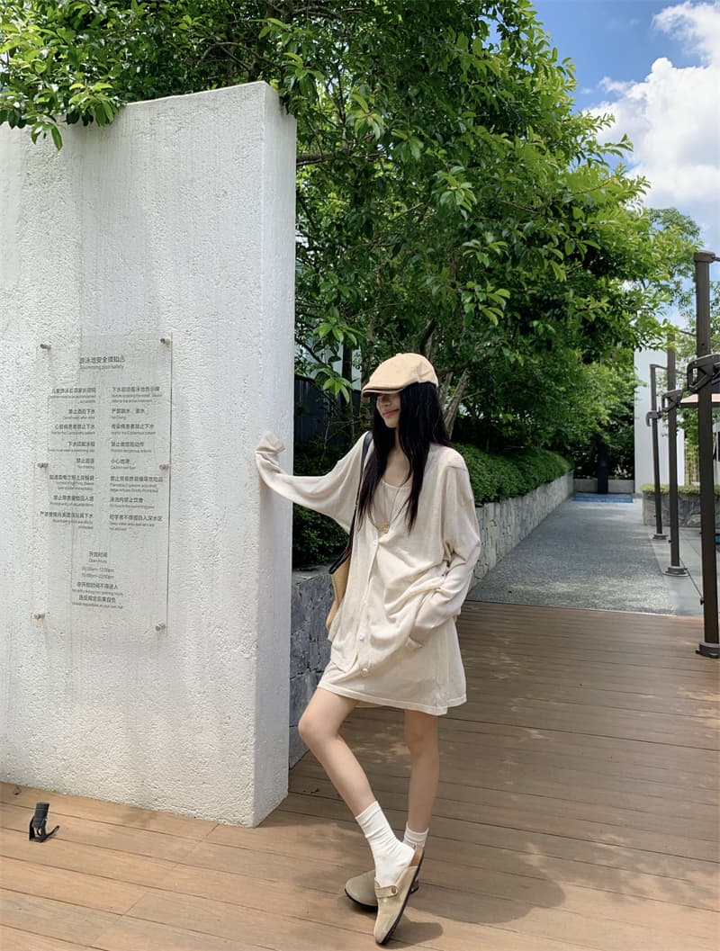 있음 선적 실사 이른 가을 얇은 스타일 아마 오트밀 색상 얇은 스타일 니트 오픈 가디건 조끼 니트 반신 스커트 상세 이미지 19