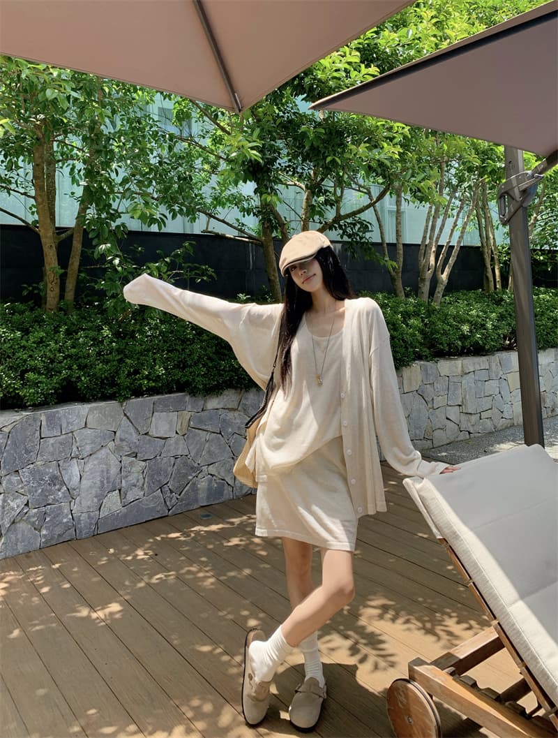 있음 선적 실사 이른 가을 얇은 스타일 아마 오트밀 색상 얇은 스타일 니트 오픈 가디건 조끼 니트 반신 스커트 상세 이미지 23