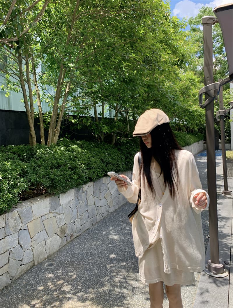 있음 선적 실사 이른 가을 얇은 스타일 아마 오트밀 색상 얇은 스타일 니트 오픈 가디건 조끼 니트 반신 스커트 상세 이미지 27