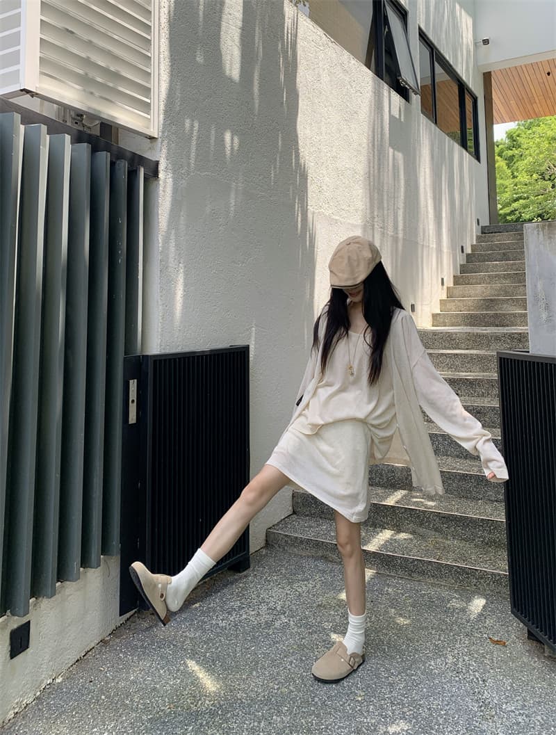 있음 선적 실사 이른 가을 얇은 스타일 아마 오트밀 색상 얇은 스타일 니트 오픈 가디건 조끼 니트 반신 스커트 상세 이미지 28