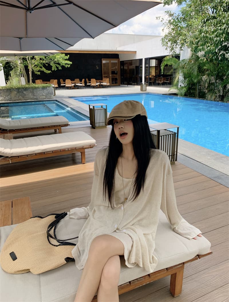있음 선적 실사 이른 가을 얇은 스타일 아마 오트밀 색상 얇은 스타일 니트 오픈 가디건 조끼 니트 반신 스커트 상세 이미지 30