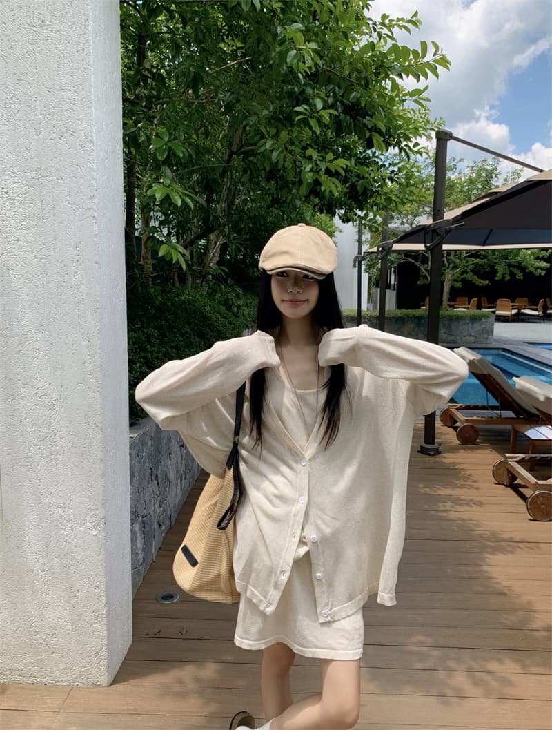 있음 선적 실사 이른 가을 얇은 스타일 아마 오트밀 색상 얇은 스타일 니트 오픈 가디건 조끼 니트 반신 스커트 상세 이미지 31
