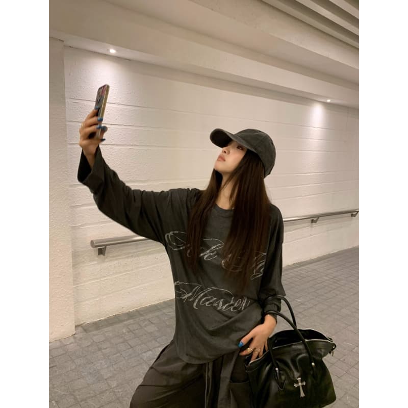 실사 정가 느긋한 바람 루즈핏 다용도 회색 핫픽스 알파벳 긴팔 티셔츠 회색 워크웨어 팬츠 세트 이미지 5