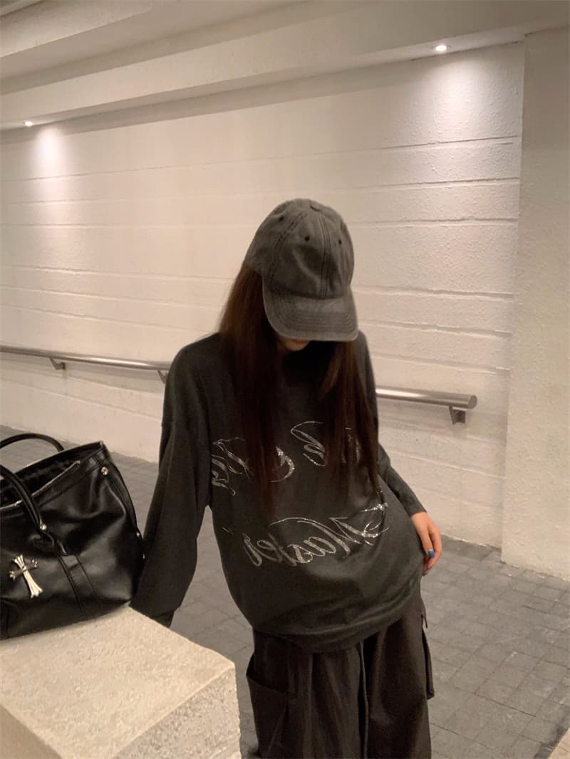 실사 정가 느긋한 바람 루즈핏 다용도 회색 핫픽스 알파벳 긴팔 티셔츠 회색 워크웨어 팬츠 세트 상세 이미지 1