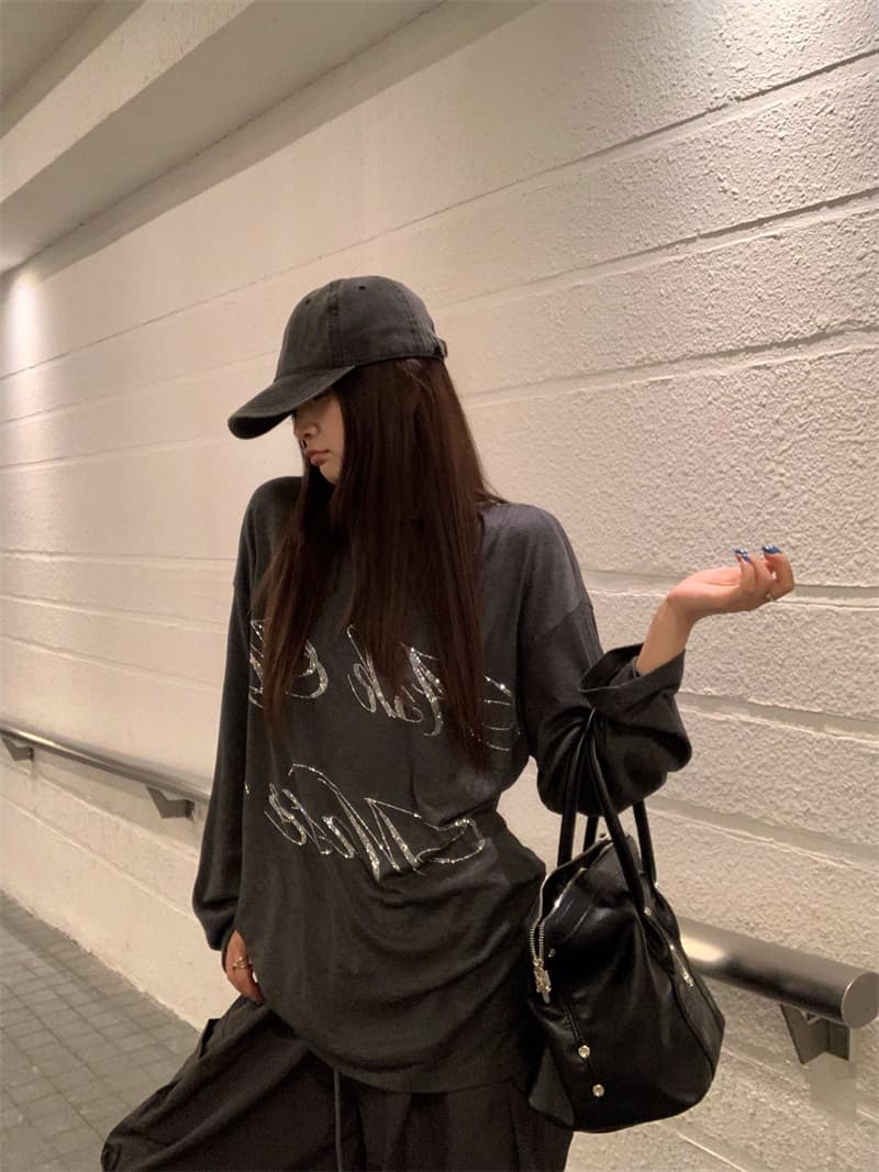 실사 정가 느긋한 바람 루즈핏 다용도 회색 핫픽스 알파벳 긴팔 티셔츠 회색 워크웨어 팬츠 세트 상세 이미지 5
