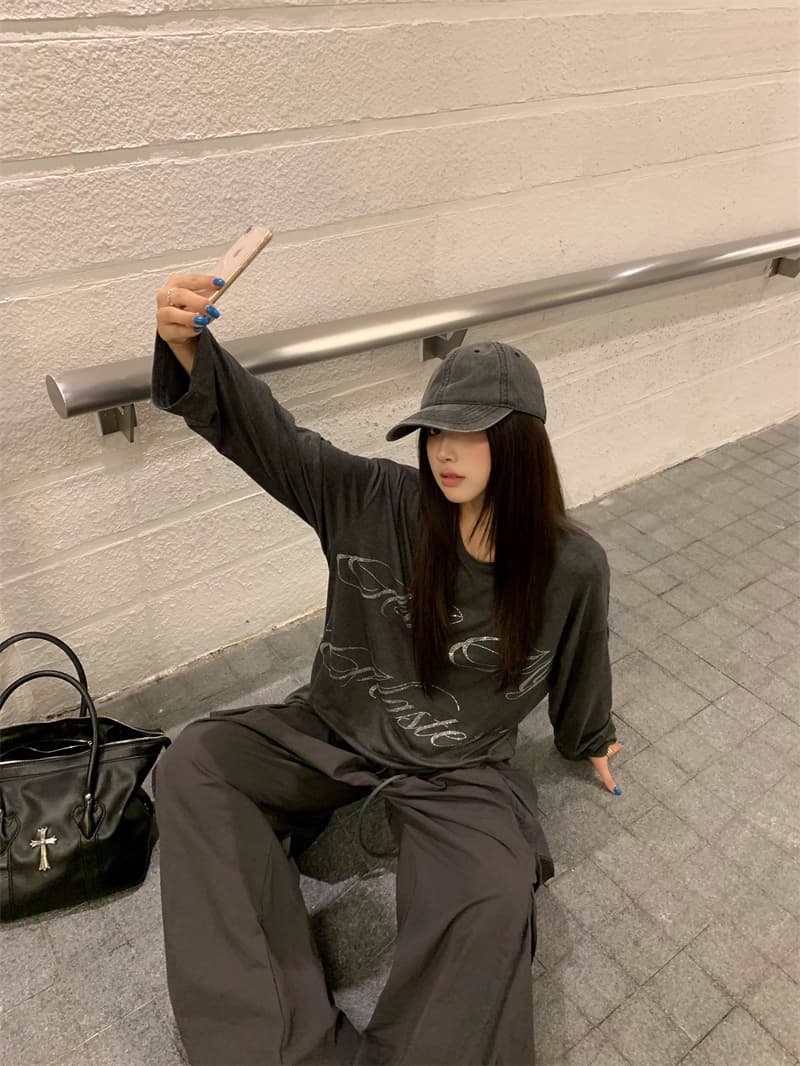 실사 정가 느긋한 바람 루즈핏 다용도 회색 핫픽스 알파벳 긴팔 티셔츠 회색 워크웨어 팬츠 세트 상세 이미지 8
