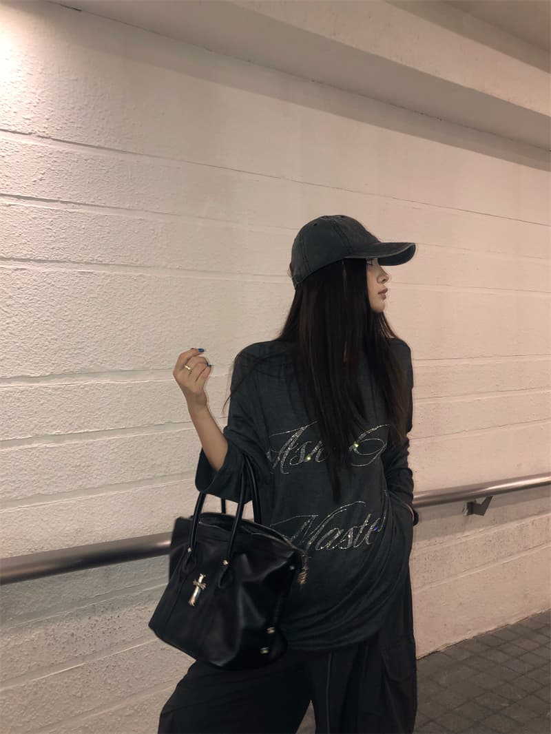 실사 정가 느긋한 바람 루즈핏 다용도 회색 핫픽스 알파벳 긴팔 티셔츠 회색 워크웨어 팬츠 세트 상세 이미지 12
