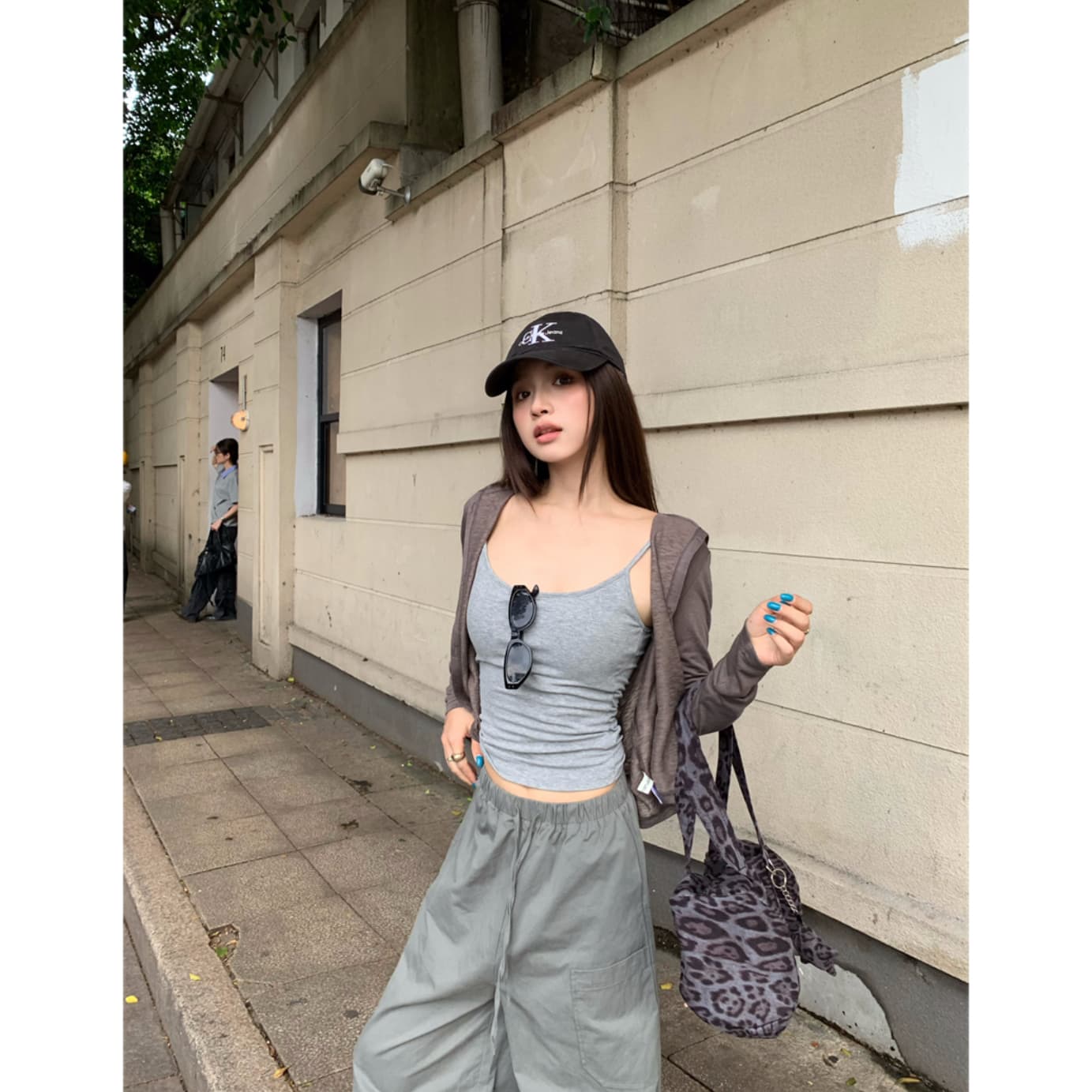있음 선적 실사 고급 회색 기초 긴팔 후드 오픈 가디건 작은 외투 회색 슬립 육군 녹색 워크웨어 팬츠 이미지 5
