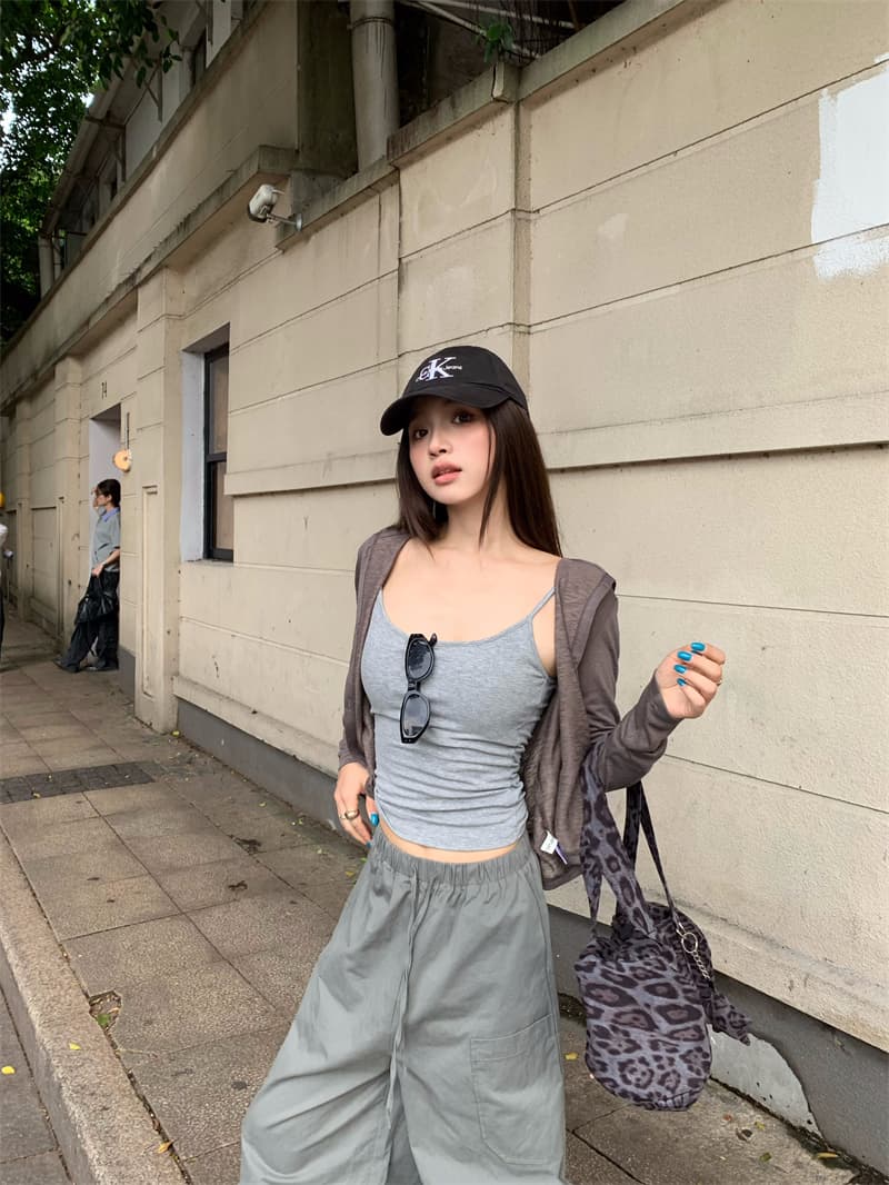 있음 선적 실사 고급 회색 기초 긴팔 후드 오픈 가디건 작은 외투 회색 슬립 육군 녹색 워크웨어 팬츠 상세 이미지 1