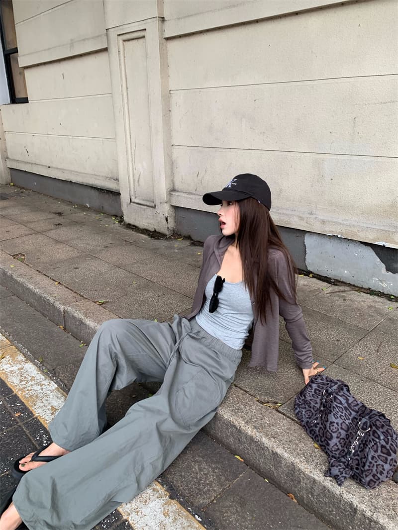 있음 선적 실사 고급 회색 기초 긴팔 후드 오픈 가디건 작은 외투 회색 슬립 육군 녹색 워크웨어 팬츠 상세 이미지 2