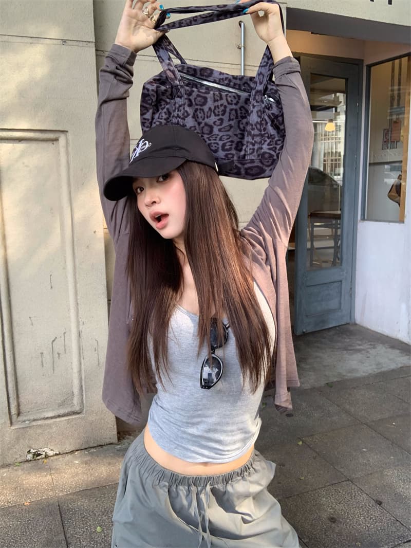 있음 선적 실사 고급 회색 기초 긴팔 후드 오픈 가디건 작은 외투 회색 슬립 육군 녹색 워크웨어 팬츠 상세 이미지 6