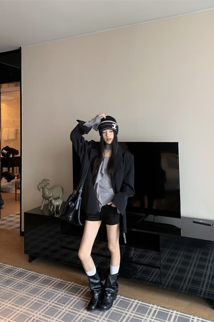 있음 선적 실사 이른 가을 슬림해 보이는 다용도 중간 길이 필수 프로필 모양 루즈핏 검정색 블레이저 이미지 6