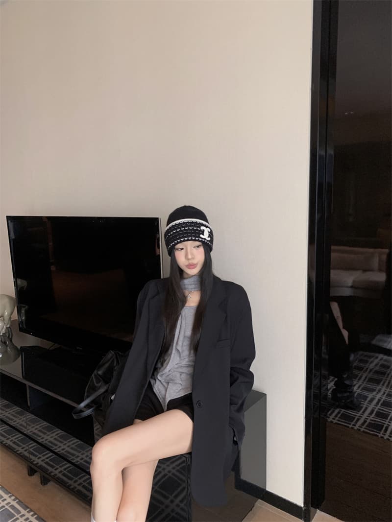 있음 선적 실사 이른 가을 슬림해 보이는 다용도 중간 길이 필수 프로필 모양 루즈핏 검정색 블레이저 상세 이미지 6