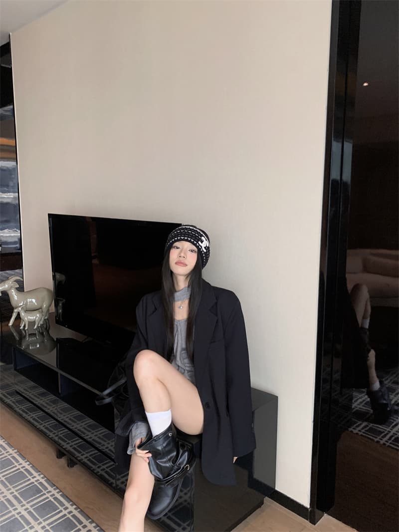 있음 선적 실사 이른 가을 슬림해 보이는 다용도 중간 길이 필수 프로필 모양 루즈핏 검정색 블레이저 상세 이미지 7