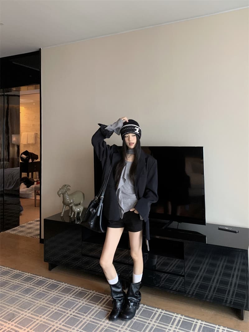 있음 선적 실사 이른 가을 슬림해 보이는 다용도 중간 길이 필수 프로필 모양 루즈핏 검정색 블레이저 상세 이미지 8