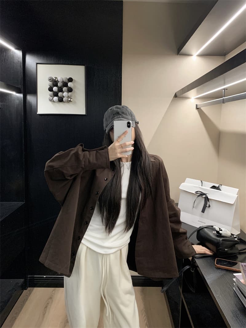 있음 선적 실사 이른 가을 느긋한 바람 아름다움 라드. 색상 시스템 두꺼움 극중 플러시 표면 프린트 셔츠 맨위 이미지 4
