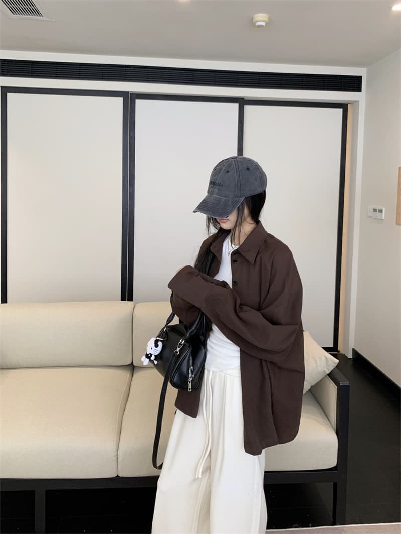 있음 선적 실사 이른 가을 느긋한 바람 아름다움 라드. 색상 시스템 두꺼움 극중 플러시 표면 프린트 셔츠 맨위 상세 이미지 8