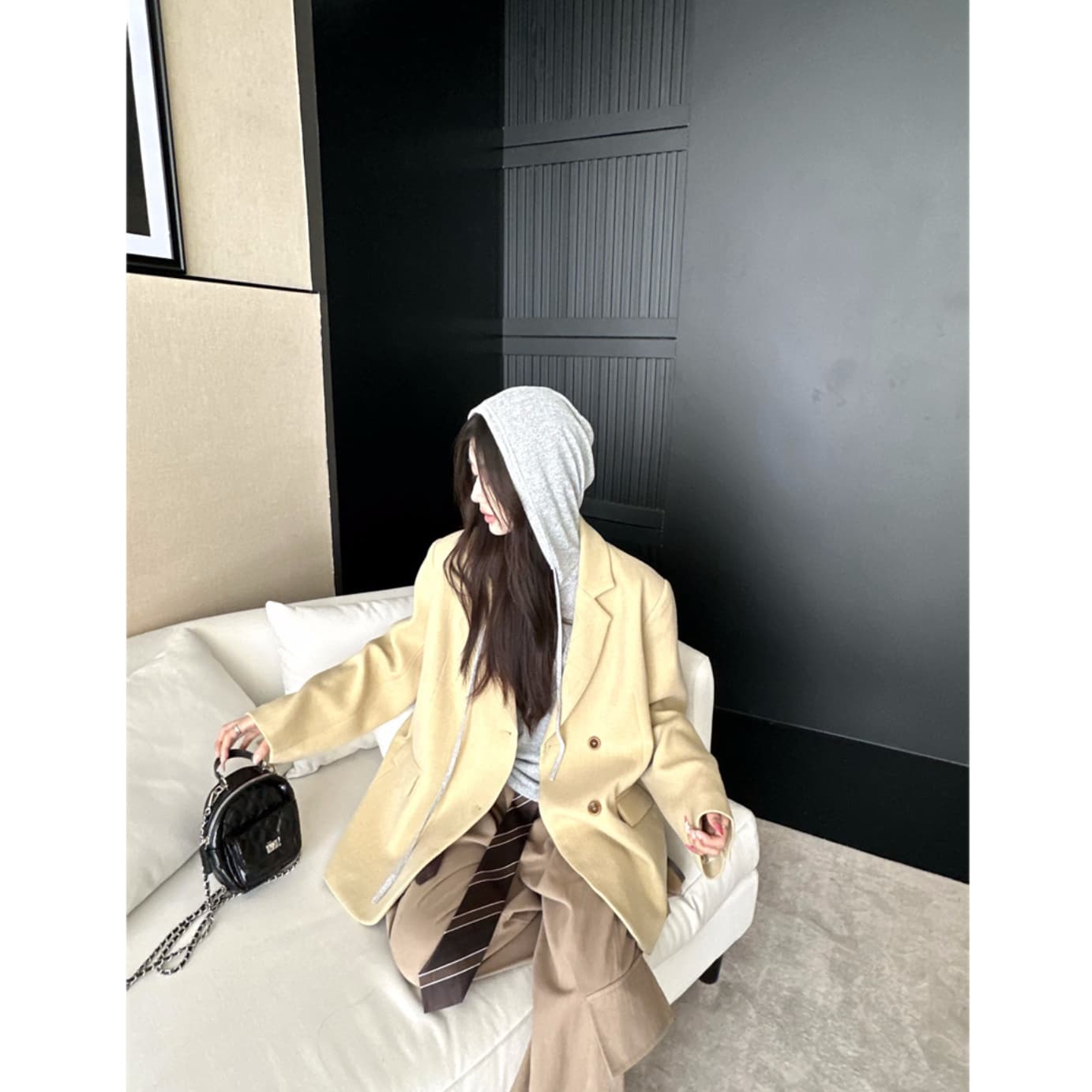 실사 정가 이른 가을 3 차원 아주 넓은 두꺼운 루즈핏 느긋한 에디션 카키 모직 블레이저 이미지 5
