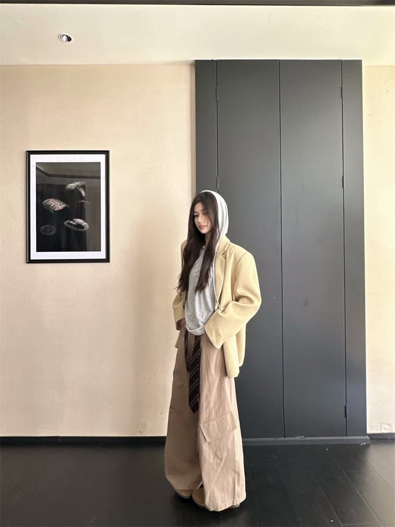 실사 정가 이른 가을 3 차원 아주 넓은 두꺼운 루즈핏 느긋한 에디션 카키 모직 블레이저 상세 이미지 4