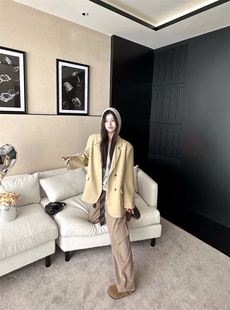 실사 정가 이른 가을 3 차원 아주 넓은 두꺼운 루즈핏 느긋한 에디션 카키 모직 블레이저 상세 이미지 8