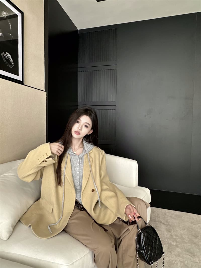 실사 정가 이른 가을 3 차원 아주 넓은 두꺼운 루즈핏 느긋한 에디션 카키 모직 블레이저 상세 이미지 10